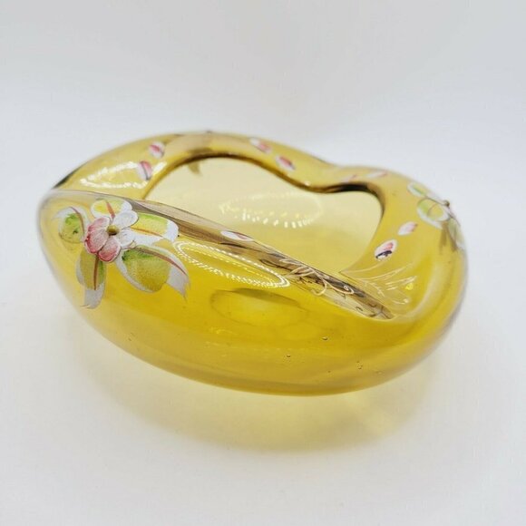 Vintage Amber Blown Glass Ashtray Hand Painted Flowers Gold Gilt Painting - Picture 4 of 10